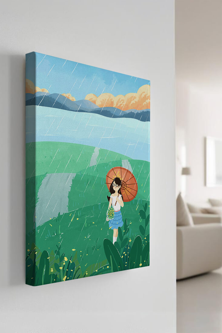 Girl with Umbrella in Rainy Meadow