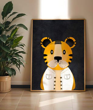 Illustration of cute cartoon tiger character in stylish outfit on dark background