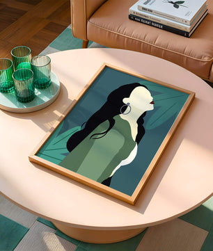 Stylized artwork of a woman with dark hair and earrings against a tropical leaf backdrop