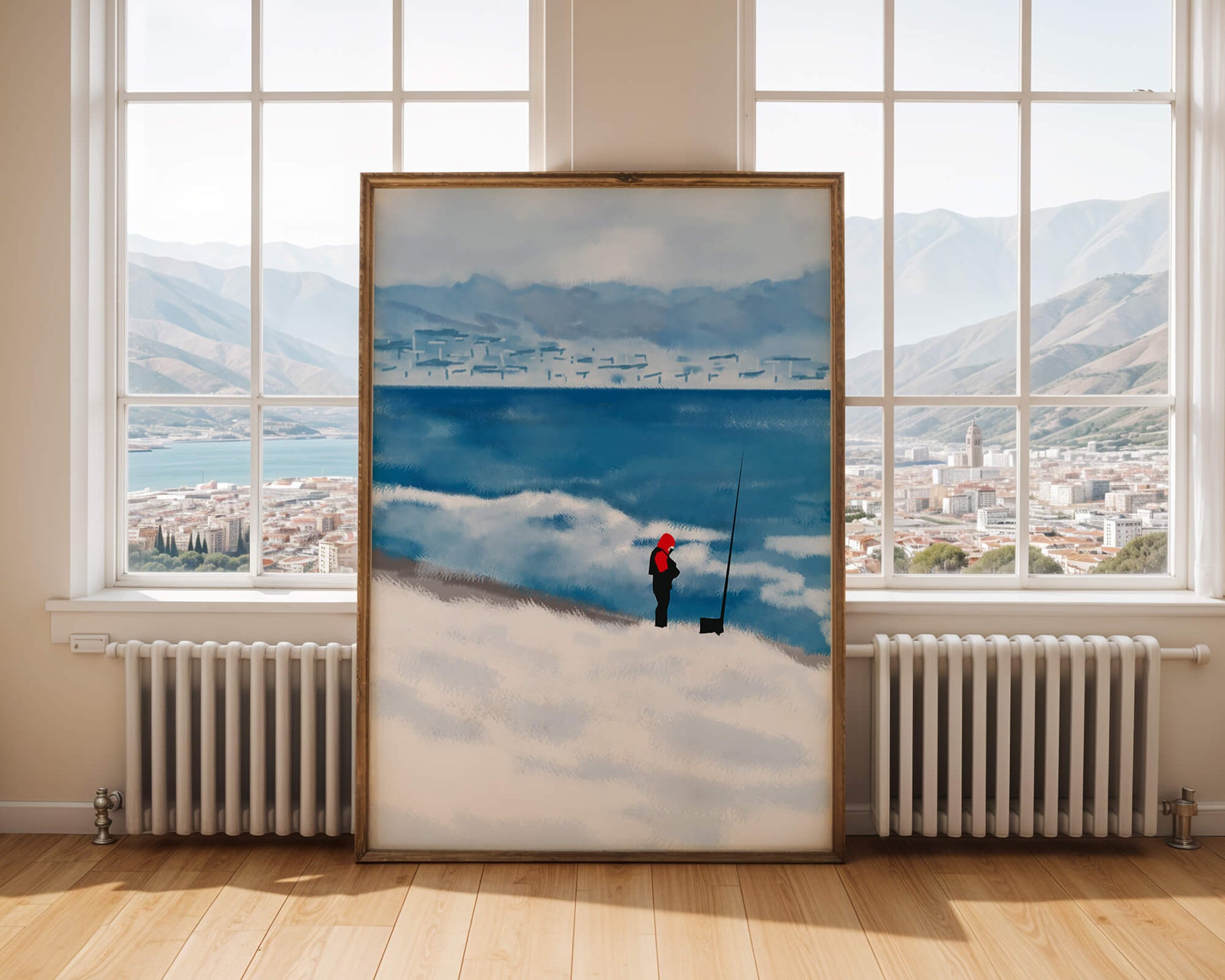 Winterlandschaft mit Person in roter Jacke am Meer