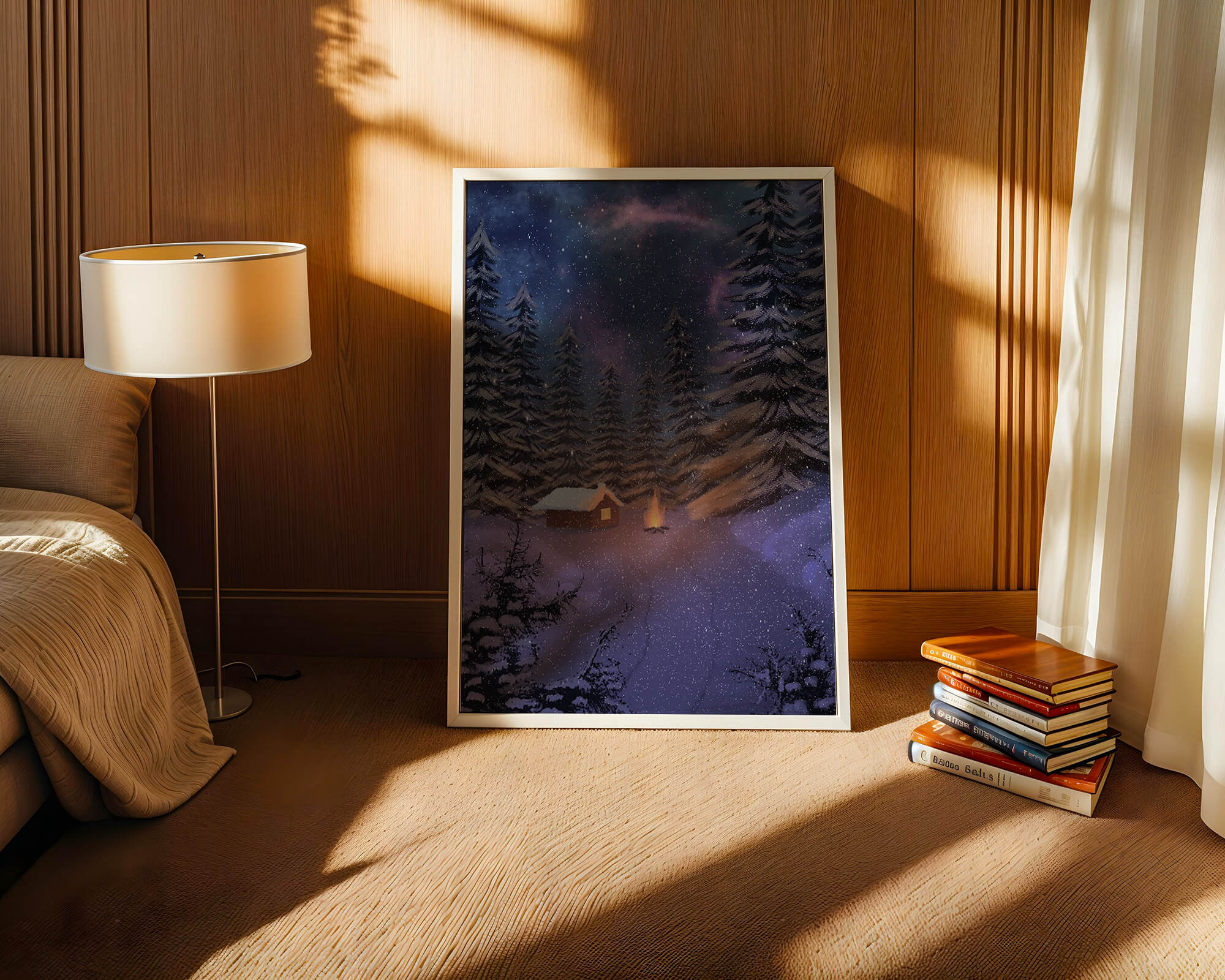 Winter night landscape with snowy cabin and pine forest