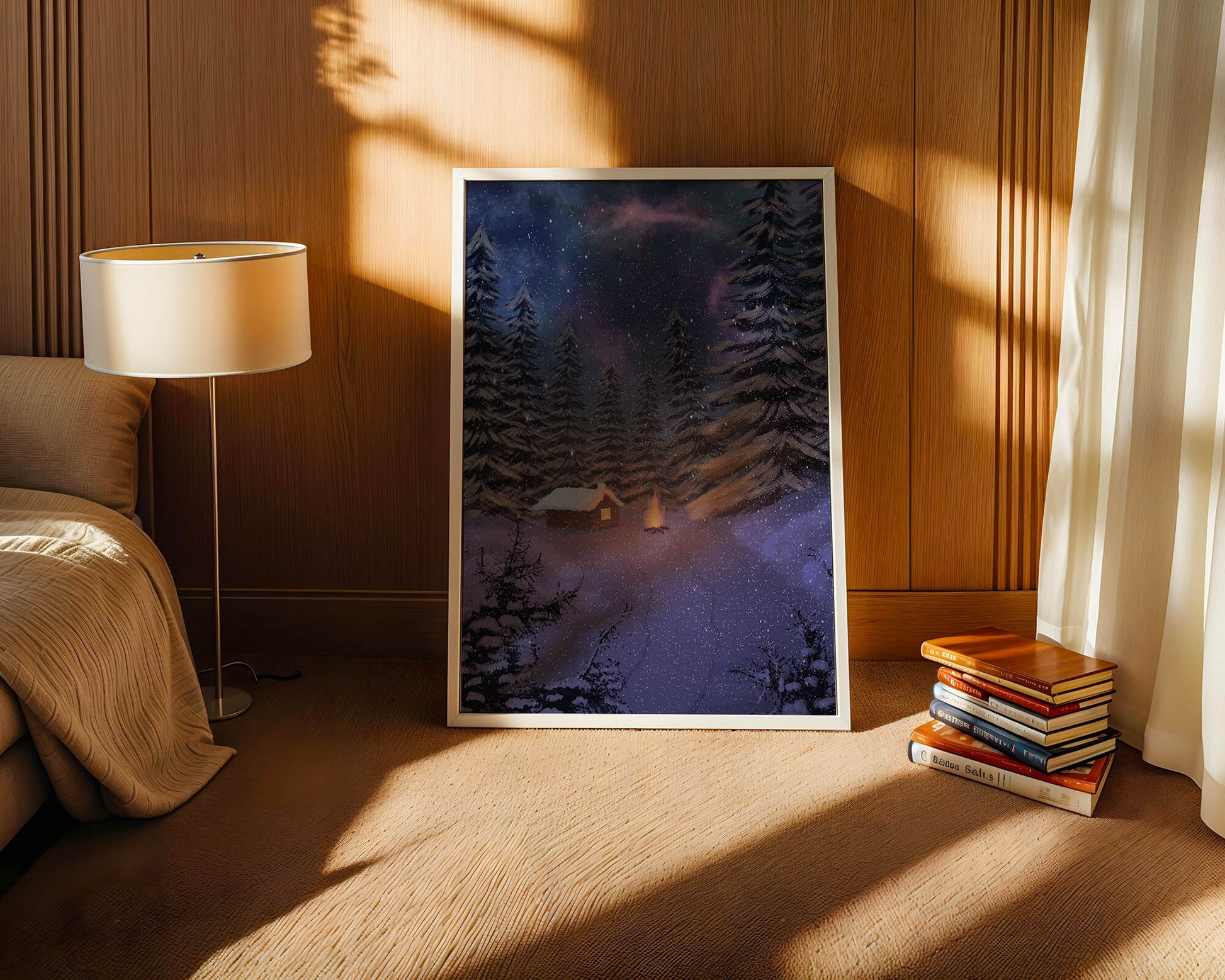 Winter night landscape with snowy cabin and pine forest