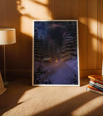 Winter night landscape with snowy cabin and pine forest