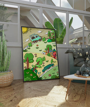 Whimsical landscape with houses, cars, and colorful flora