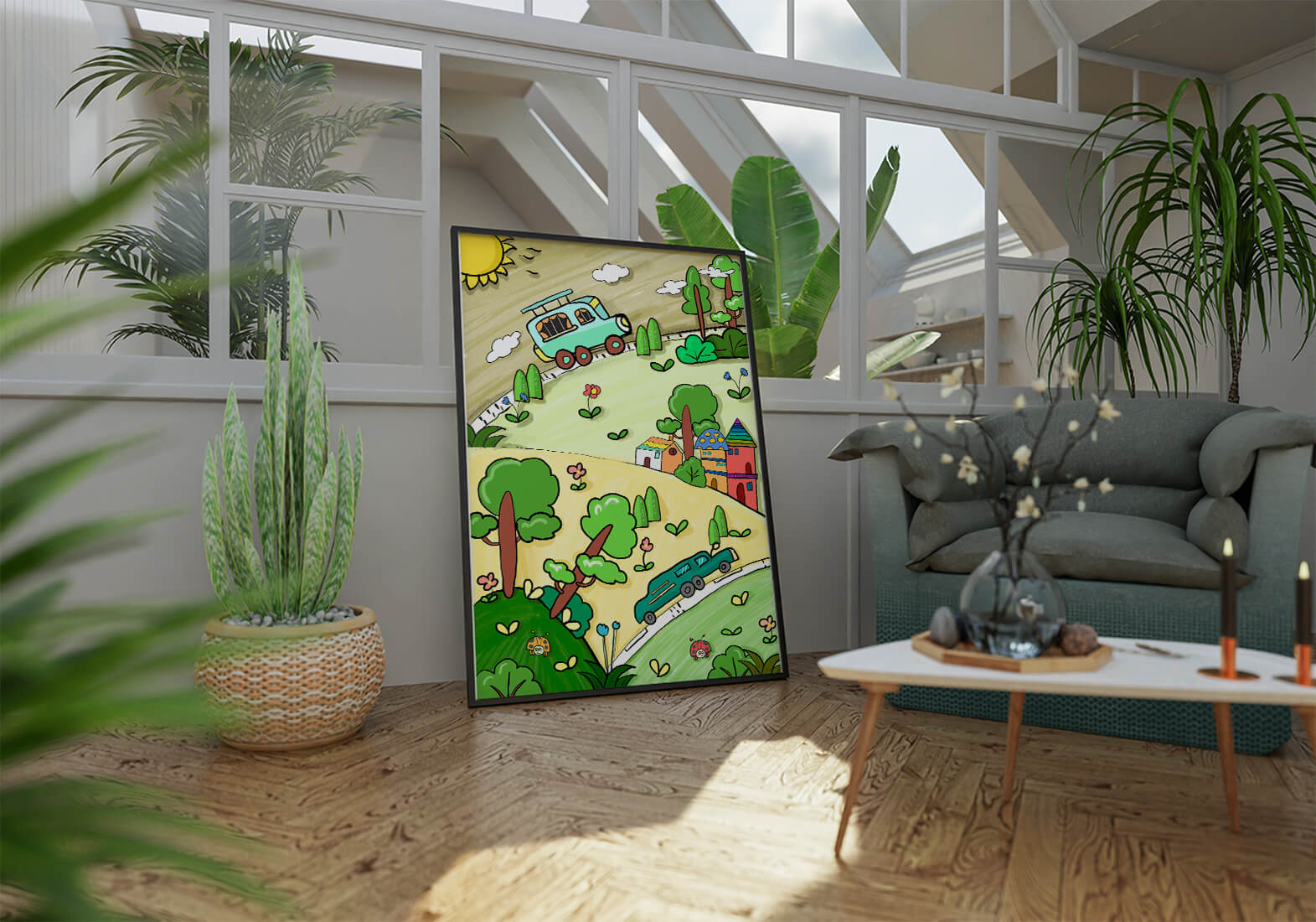 Whimsical landscape with houses, cars, and colorful flora