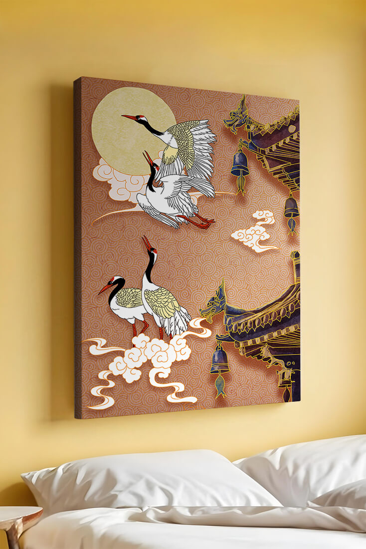 Elegant cranes flying beside traditional Asian architecture under moonlight