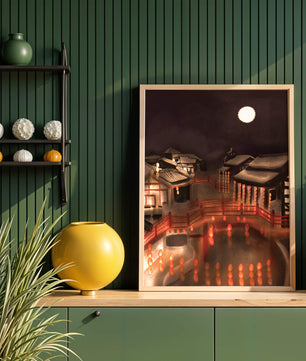 Traditional Japanese village at night with lanterns and full moon