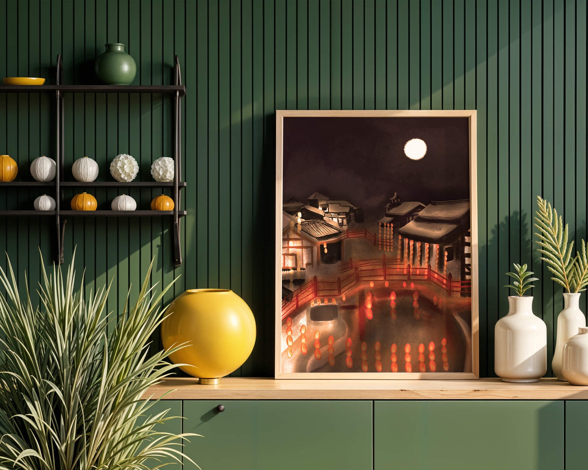 Traditional Japanese village at night with lanterns and full moon