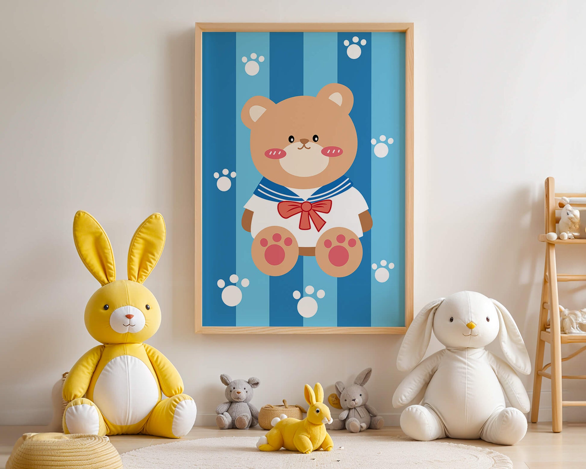 Adorable cartoon bear with sailor suit against striped background