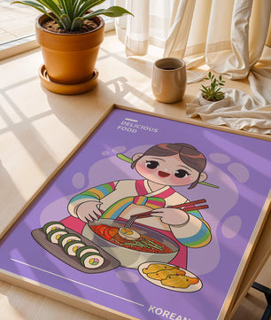 Charming illustration of Korean cuisine with a cheerful character
