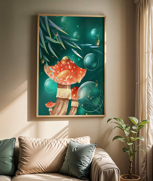 Whimsical forest scene with mushrooms and glowing bubbles