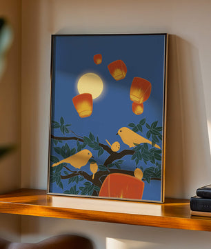Lanterns and Birds Under the Night Sky