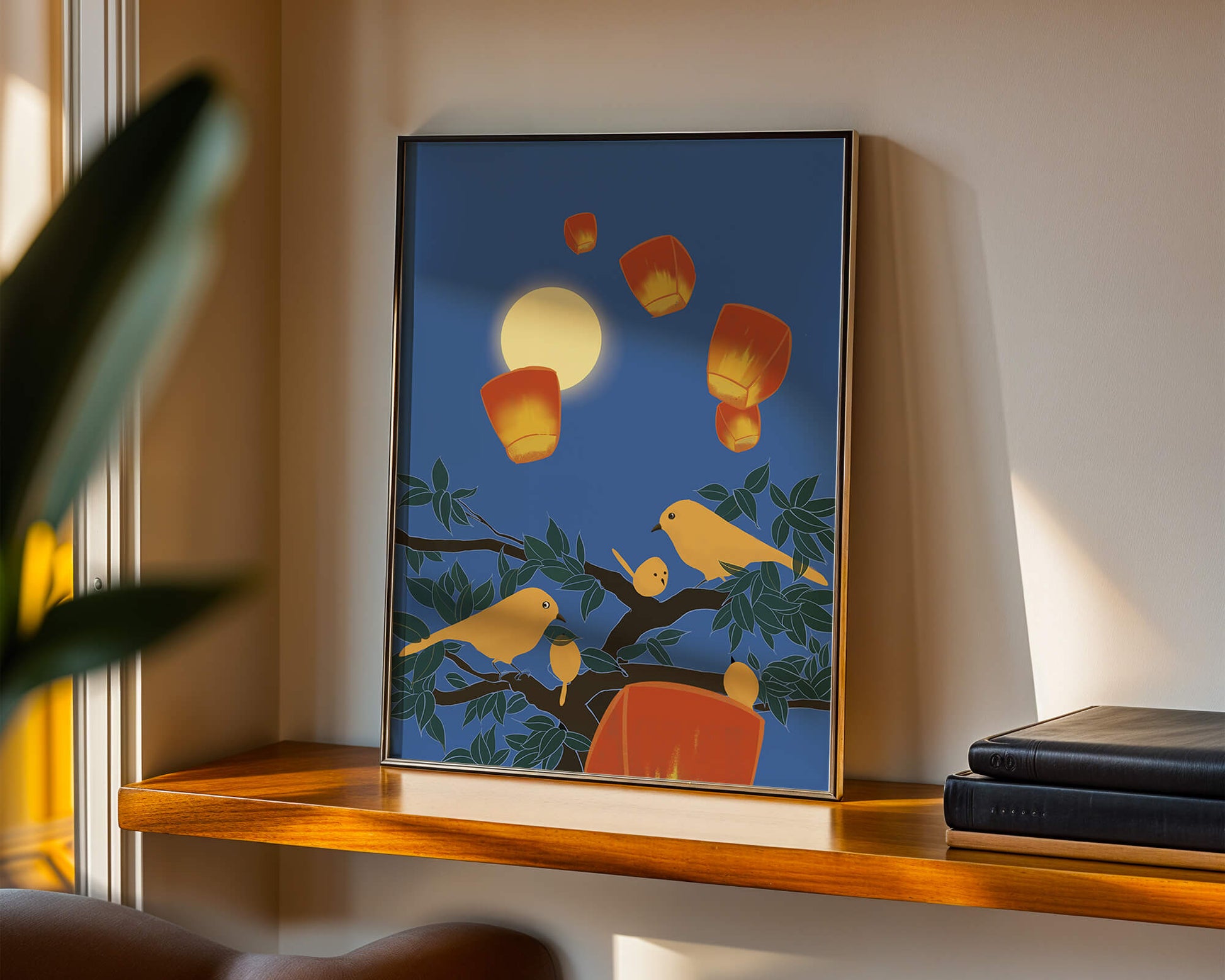 Lanterns and Birds Under the Night Sky