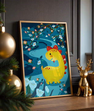 Golden Dinosaur in Enchanted Floral Forest