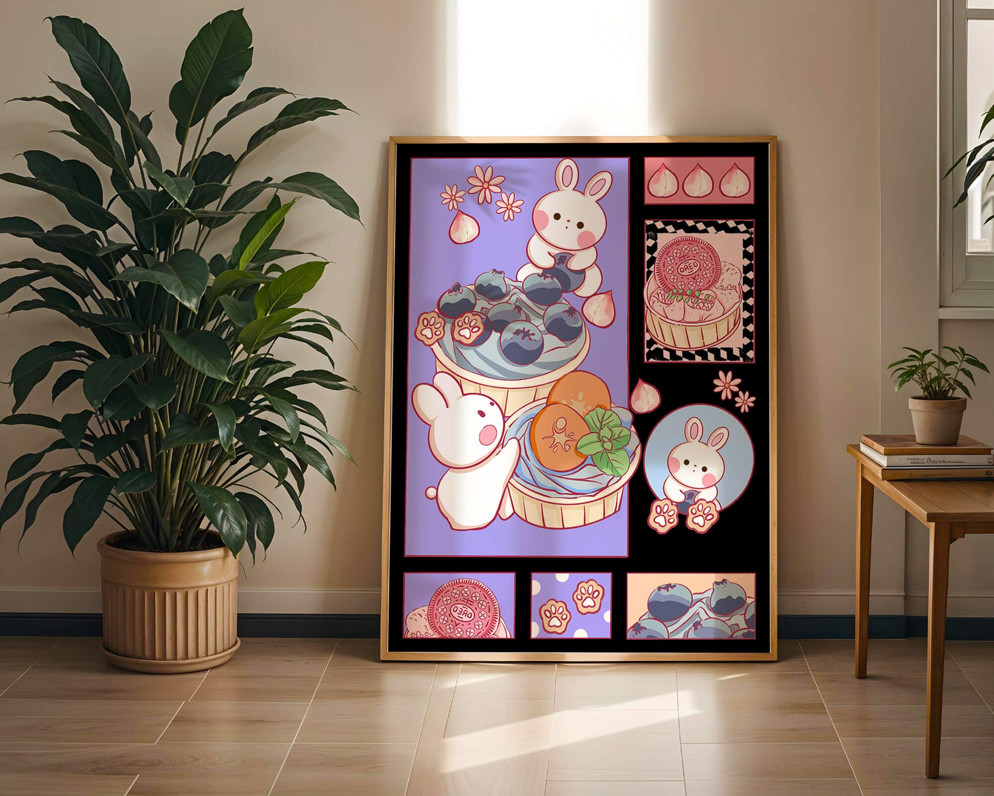 Conejos de dibujos animados encantadores con postres y arándanos