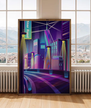 Futuristic Neon Cityscape with Illuminated Skyscrapers and Curved Road