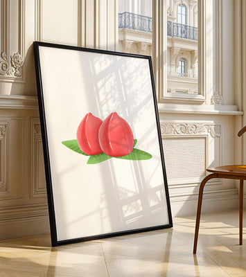 Realistic illustration of juicy peaches with green leaves