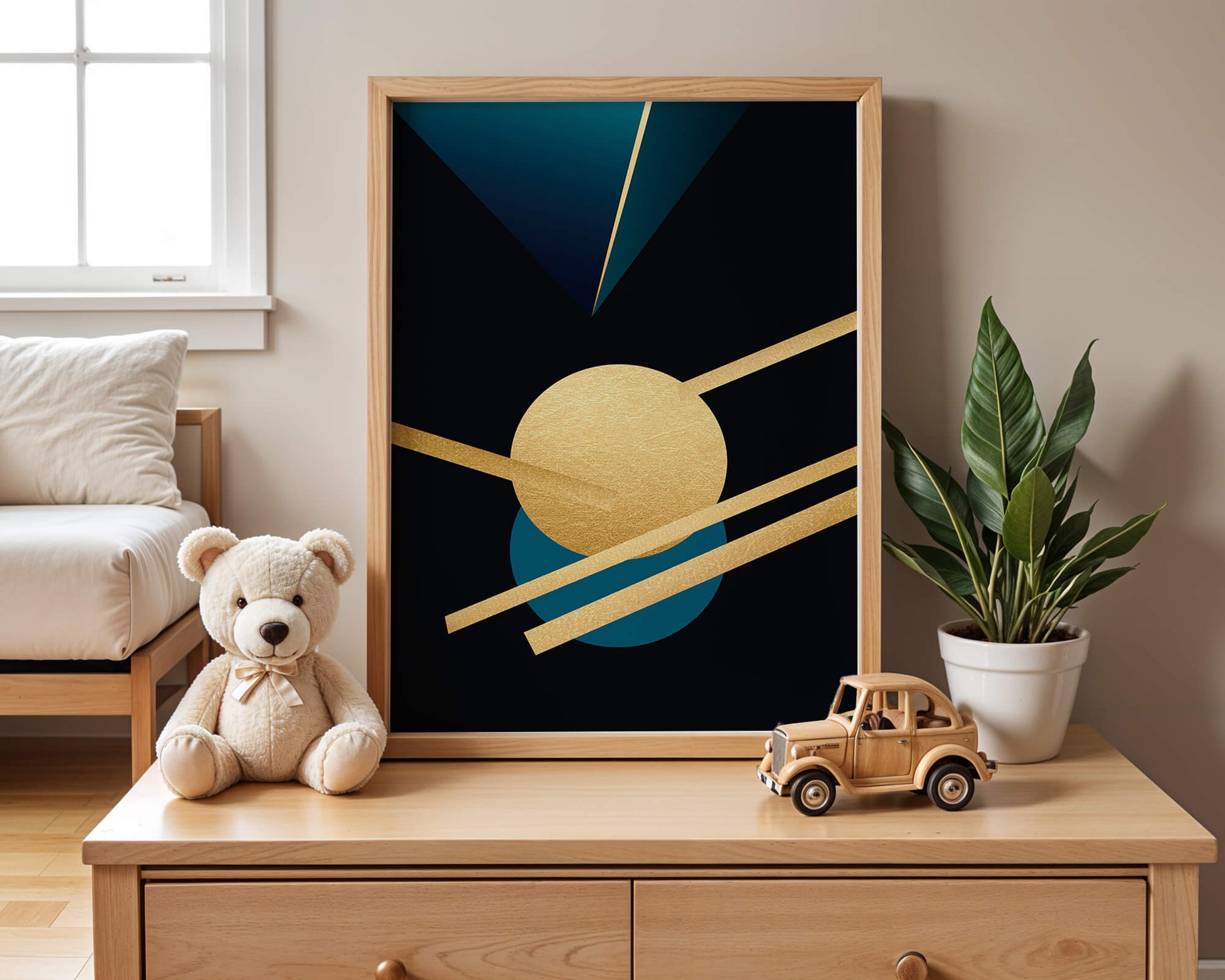 Abstract Geometric Composition with Gold and Blue Elements
