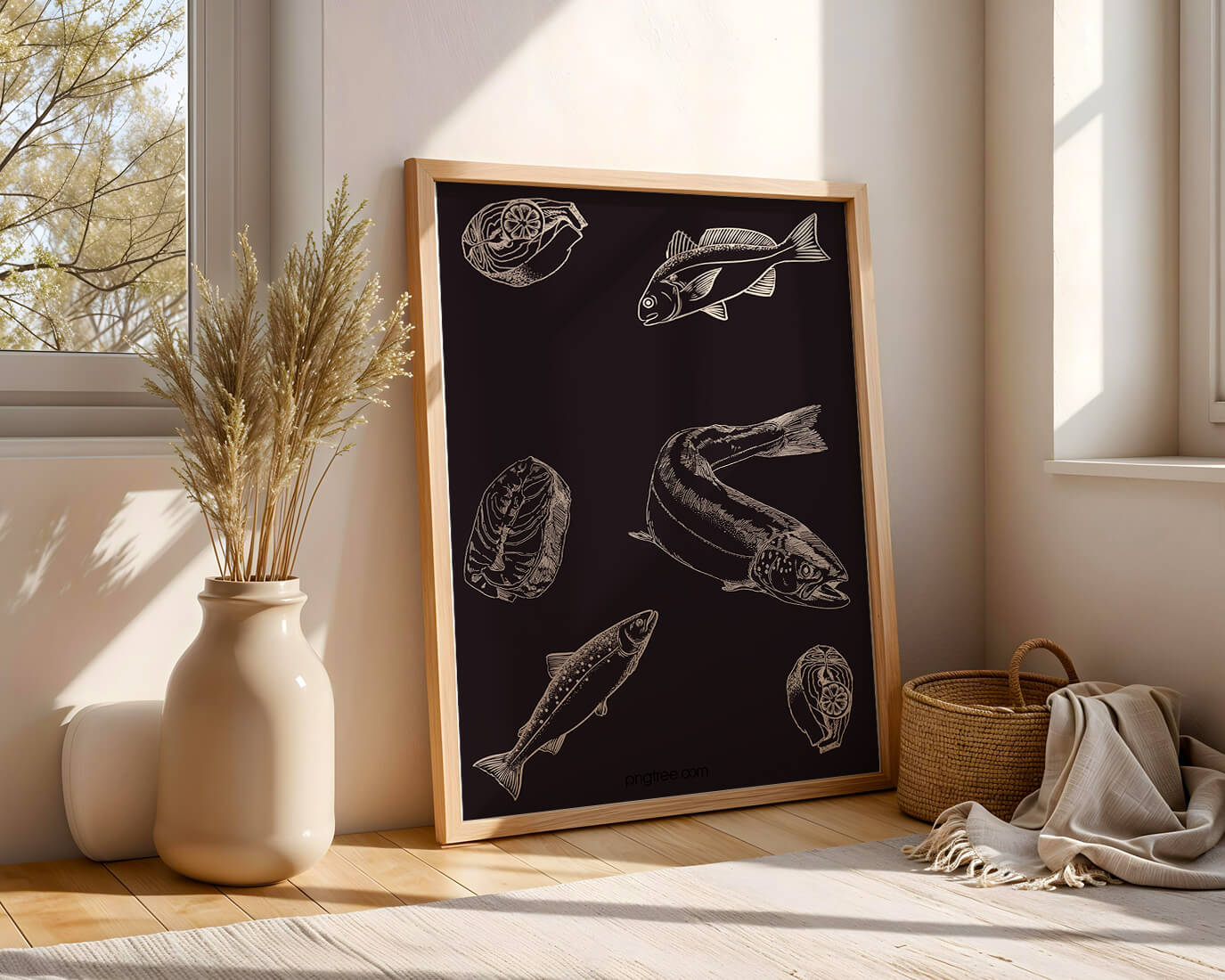 Detailed illustration of fish and seafood elements on dark background
