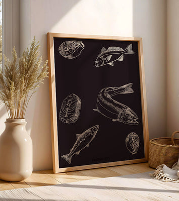 Detailed illustration of fish and seafood elements on dark background