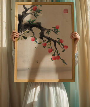 Asian ink painting featuring cherry blossoms on a textured background
