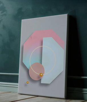 An abstract geometric art piece with pastel tones and golden accents