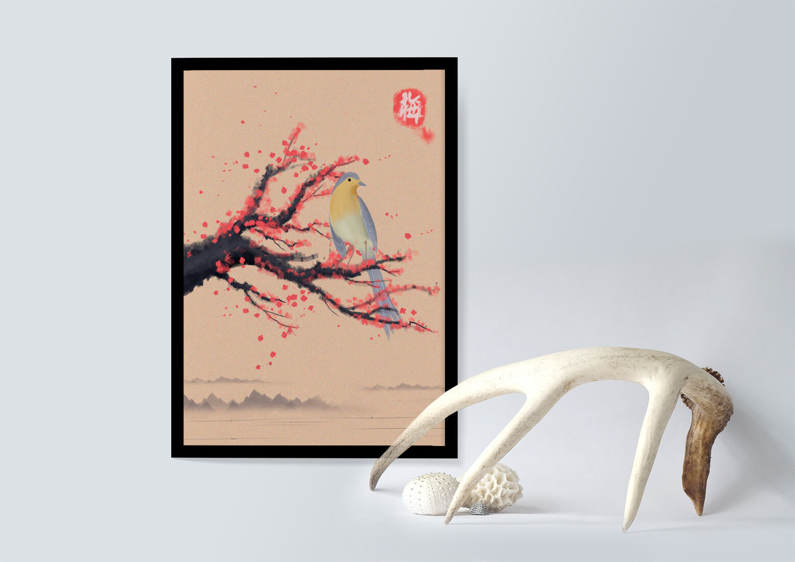 Serene bird on cherry blossom branch in traditional Asian art style