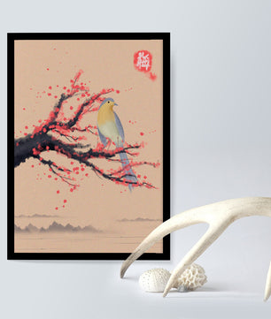 Oiseau serein sur une branche de cerisier dans le style artistique asiatique traditionnel