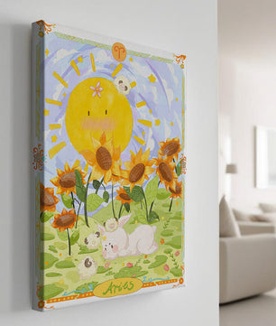 Ilustración encantadora de Aries con animales juguetones y girasoles