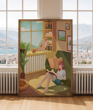 Cozy Living Room with a Reading Girl and Cat by the Window