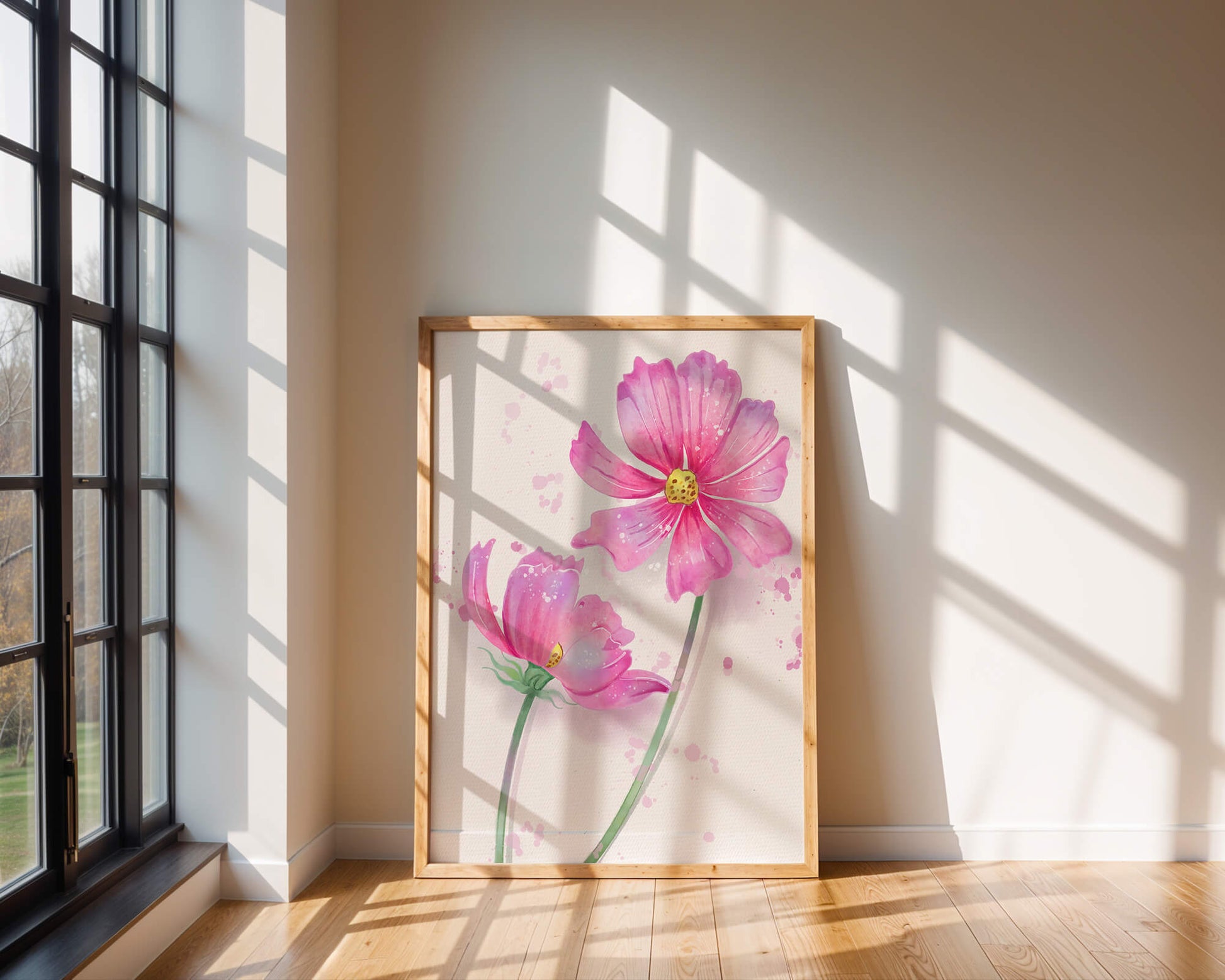 Flores delicadas en acuarela rosada con salpicaduras artísticas en lienzo