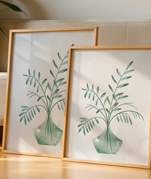 Illustration minimaliste à l’aquarelle de feuilles vertes dans un vase en verre