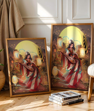 Traditional Asian woman playing musical instrument under moonlight