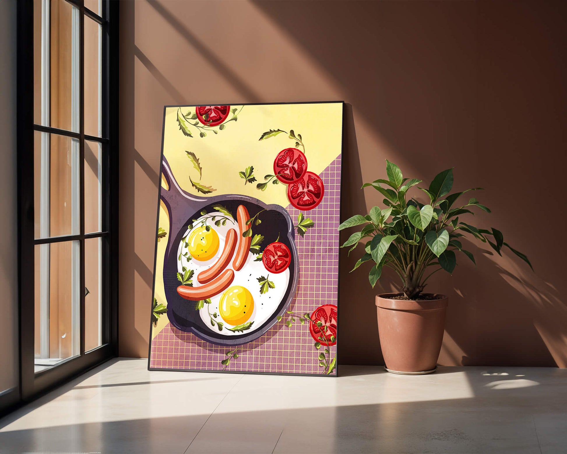 Fried Eggs and Sausages in Pan with Tomatoes and Herbs on Colorful Background