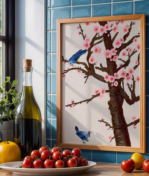Ilustración encantadora de un árbol de cerezo con pájaros