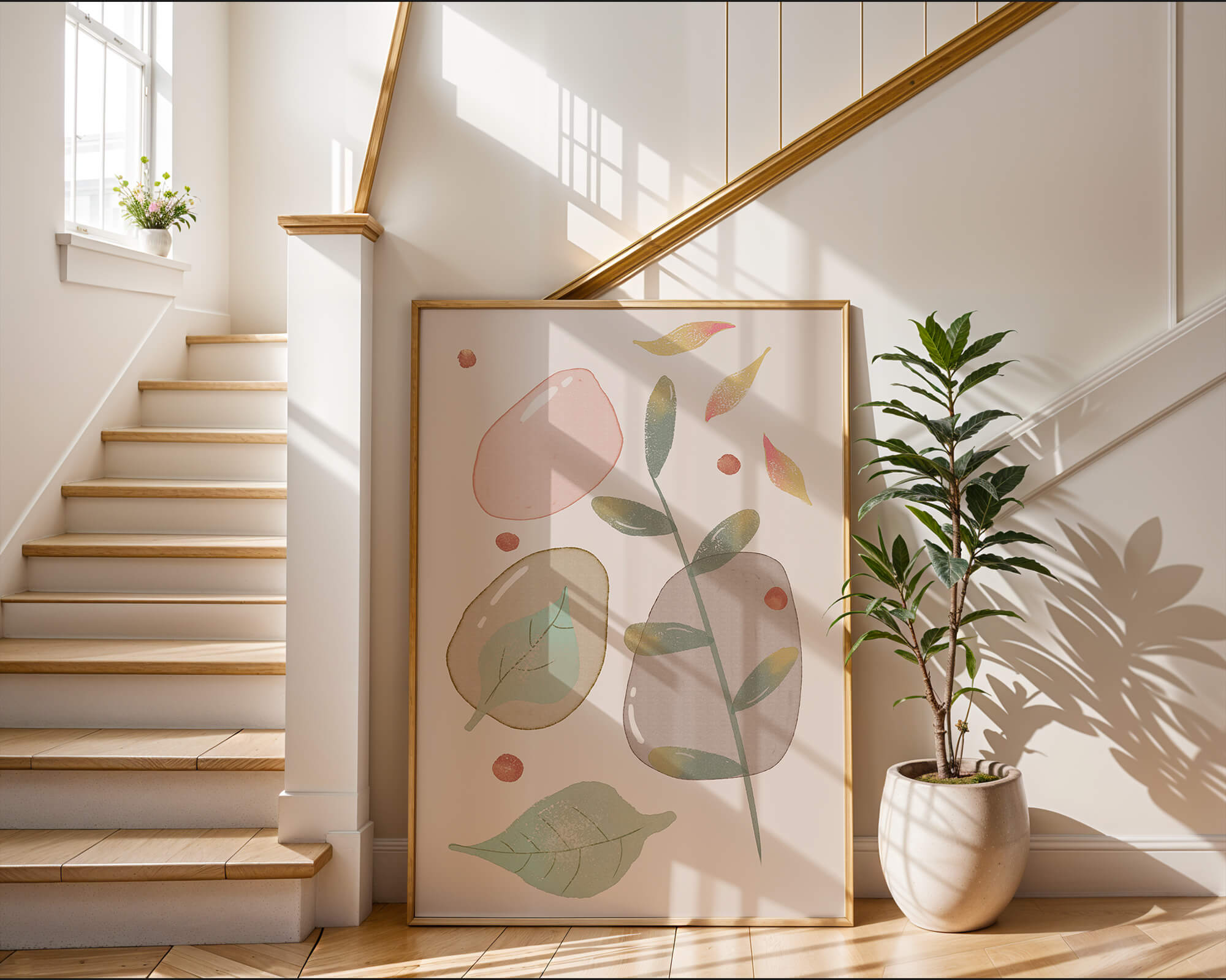 Abstract botanical illustration with pastel colored leaves and shapes