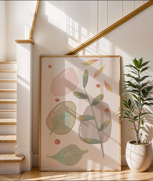 Abstract botanical illustration with pastel colored leaves and shapes