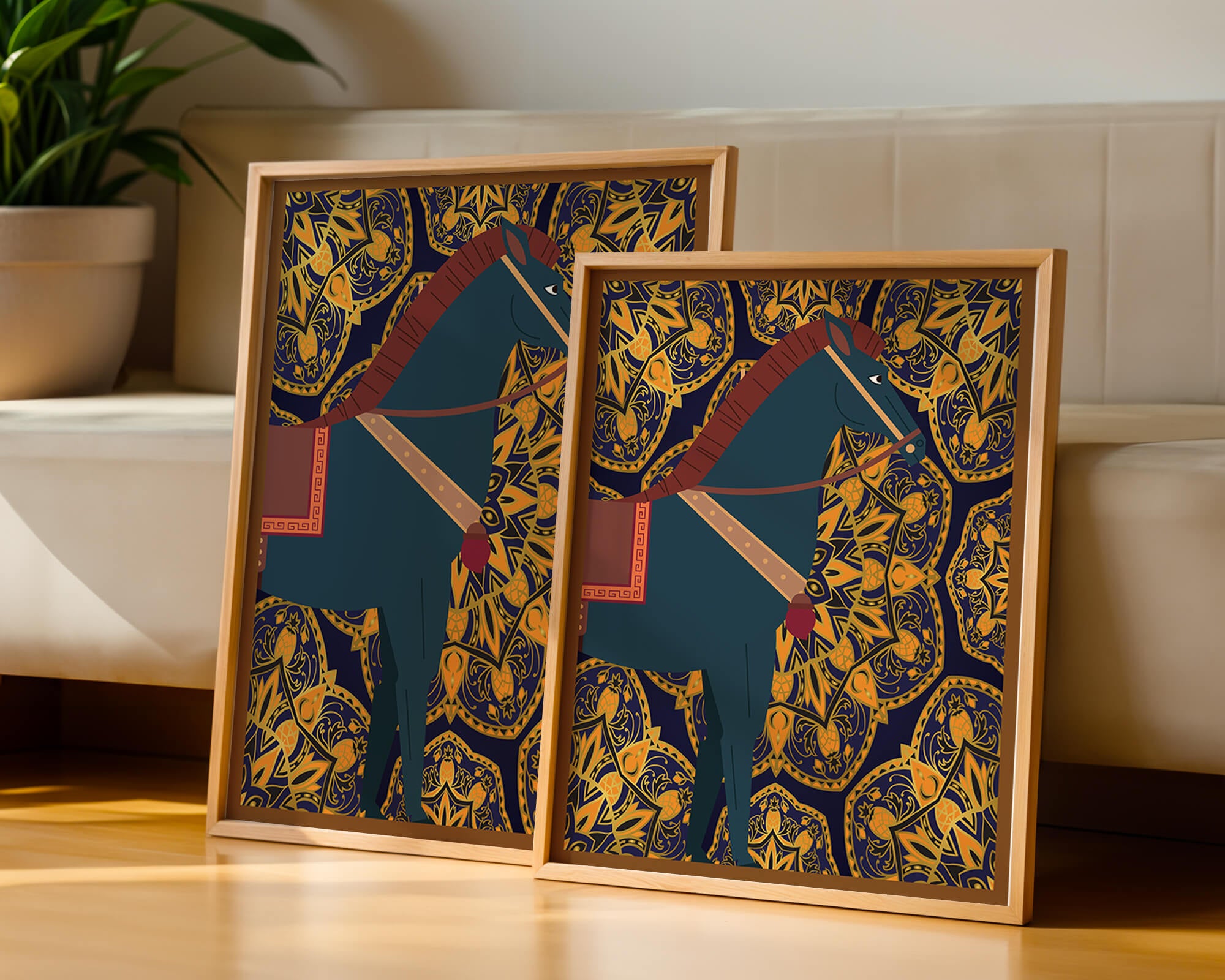 Stylized horse illustration on intricate golden pattern background
