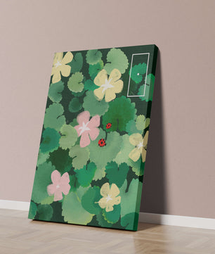 Colorful floral illustration with ladybugs in a lush garden setting