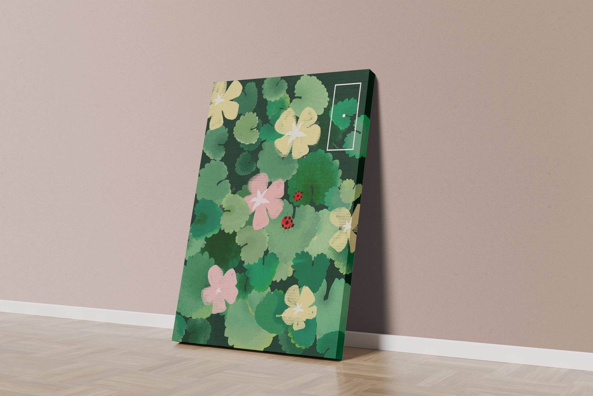 Colorful floral illustration with ladybugs in a lush garden setting