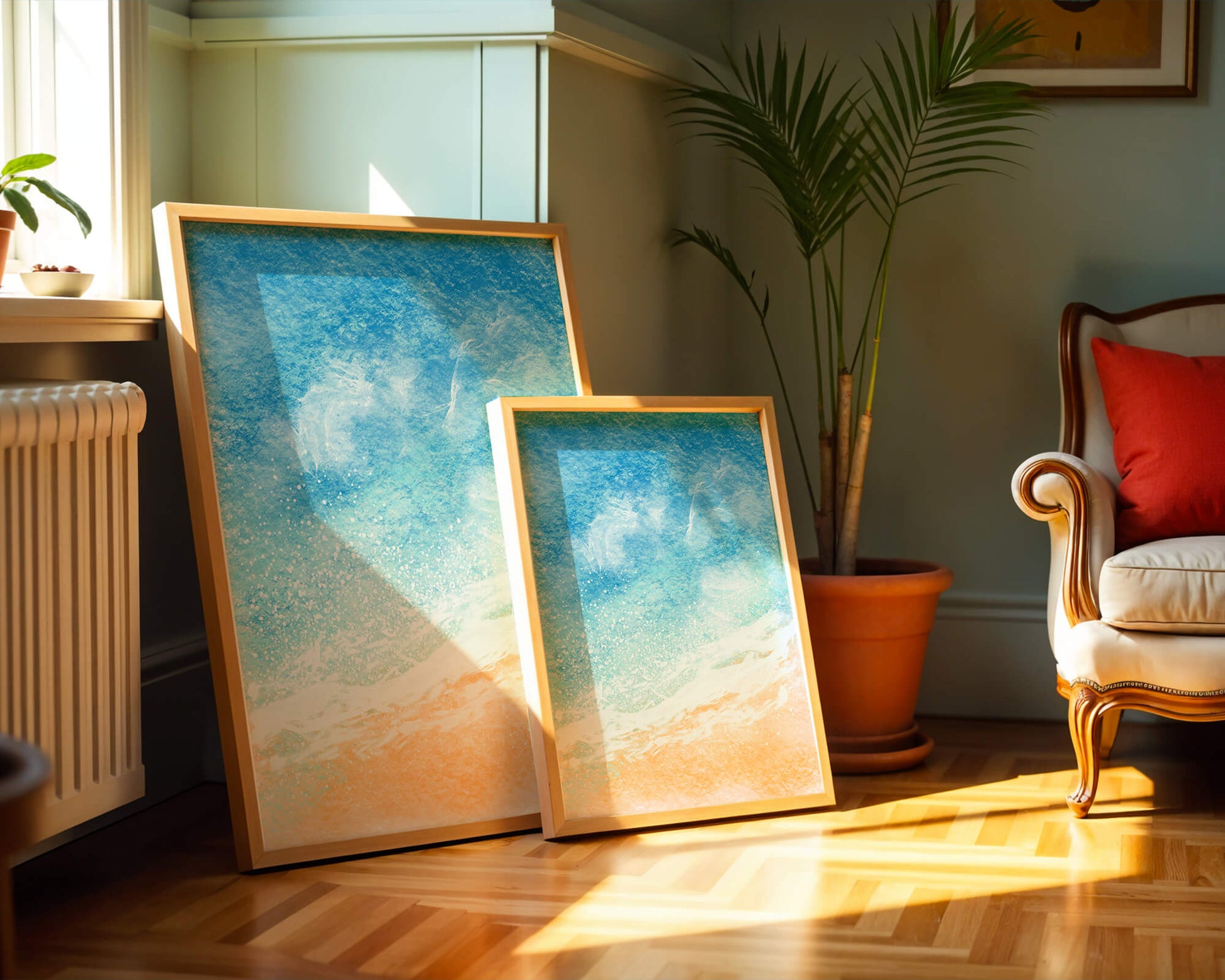 Abstract Ocean Waves with Blue and Sand Tones