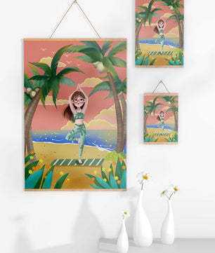Escena de yoga tranquila en una playa tropical al atardecer