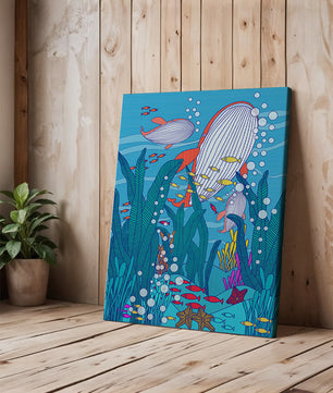Underwater world illustration with whales and fish amidst seaweed