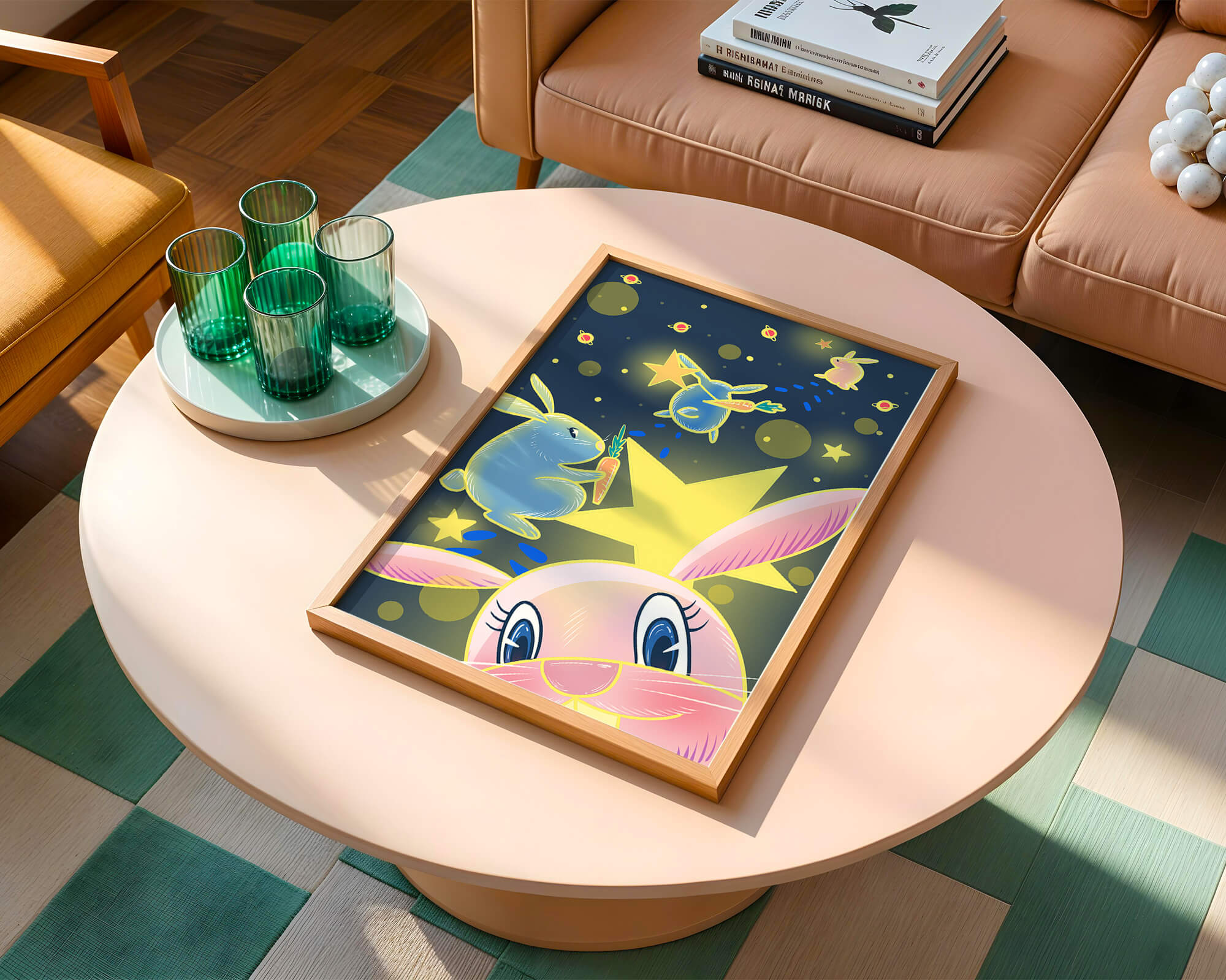 Playful bunnies with carrots and stars in a whimsical space scene