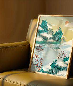 Serene lake scene with traditional boat and mountains under morning sun