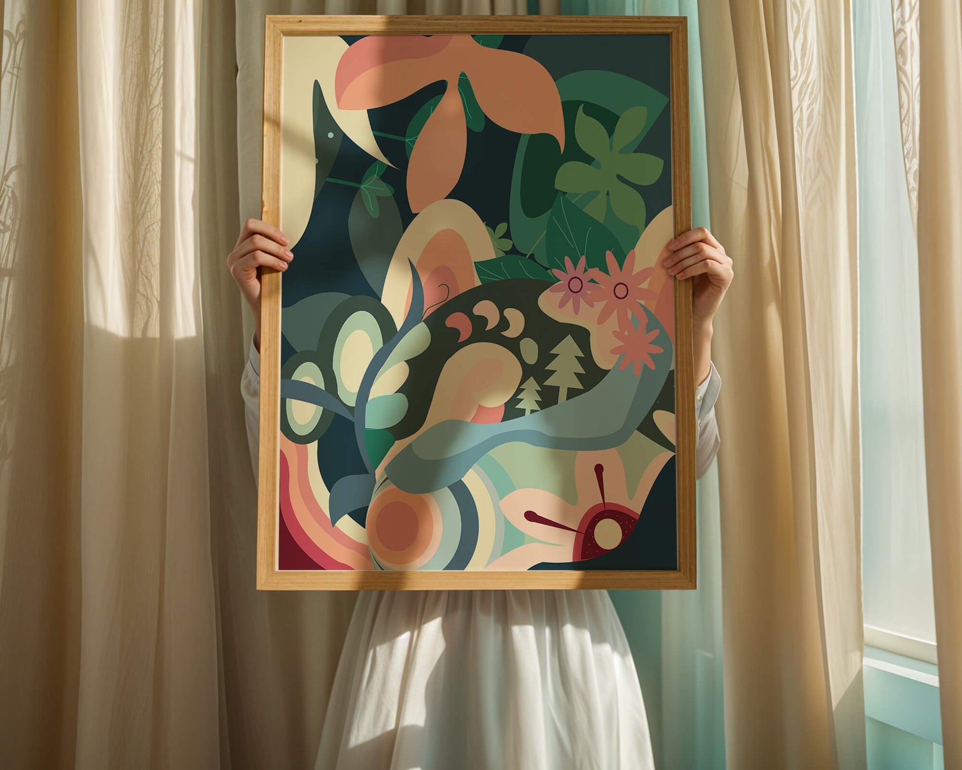 Abstract botanical artwork with vibrant colors and natural elements