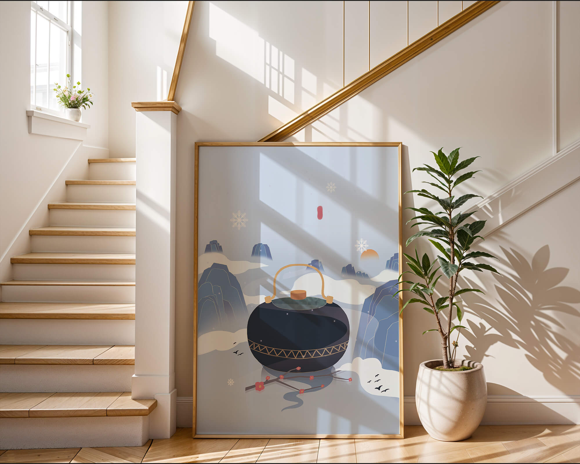 Peaceful winter landscape with kettle and cherry blossoms