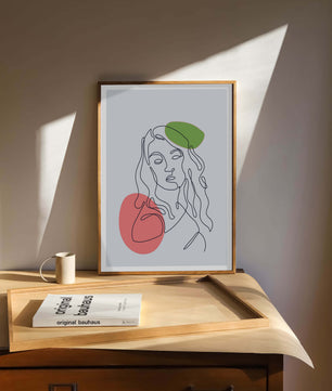 Line Art Portrait auf grauem Hintergrund mit Farbakzenten 