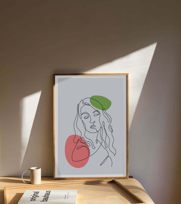 Line Art Portrait on Gray Background with Color Accents