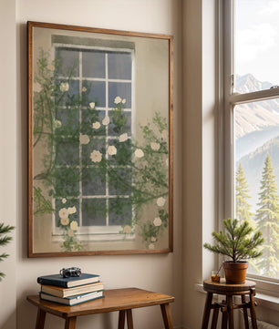Floral Window with Climbing Roses in a Tranquil Setting